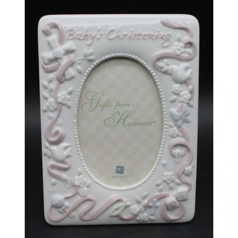 Russ Baby Christening Gifts from Heaven Ceramic Picture Frame White Pink 3.5x5